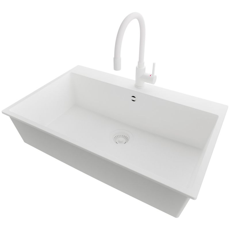 Zlewozmywak Granitowy Ryga PRIMAGRAN Nablatowy 78x50cm do szafki od 80cm, Cały Biały + Bateria 38x14cm + Syfon, S424, 1 szt.