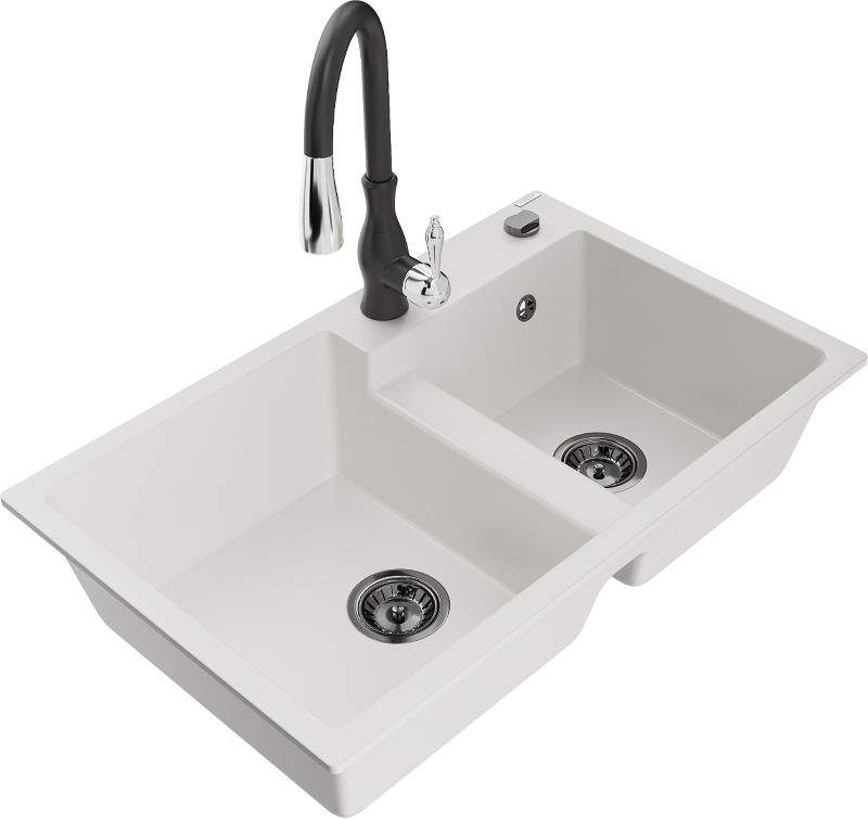 Zlewozmywak granitowy Mexen Tomas 2-komorowy z baterią kuchenną Savita biały - 6516-20-672601-20 1 szt.