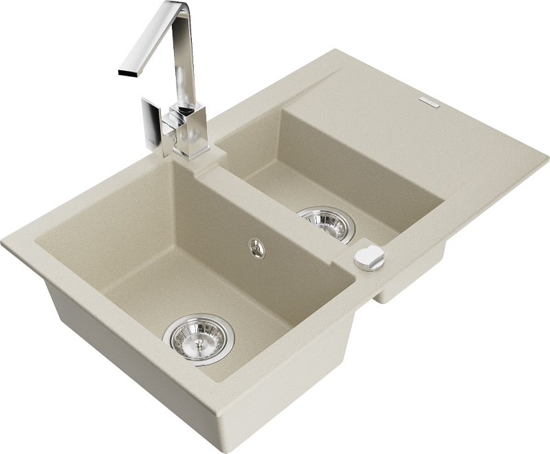 Zlewozmywak granitowy Mexen Gaspar 1,5-komorowy z ociekaczem i baterią kuchenną Rita beżowy 6507-69-670300-00