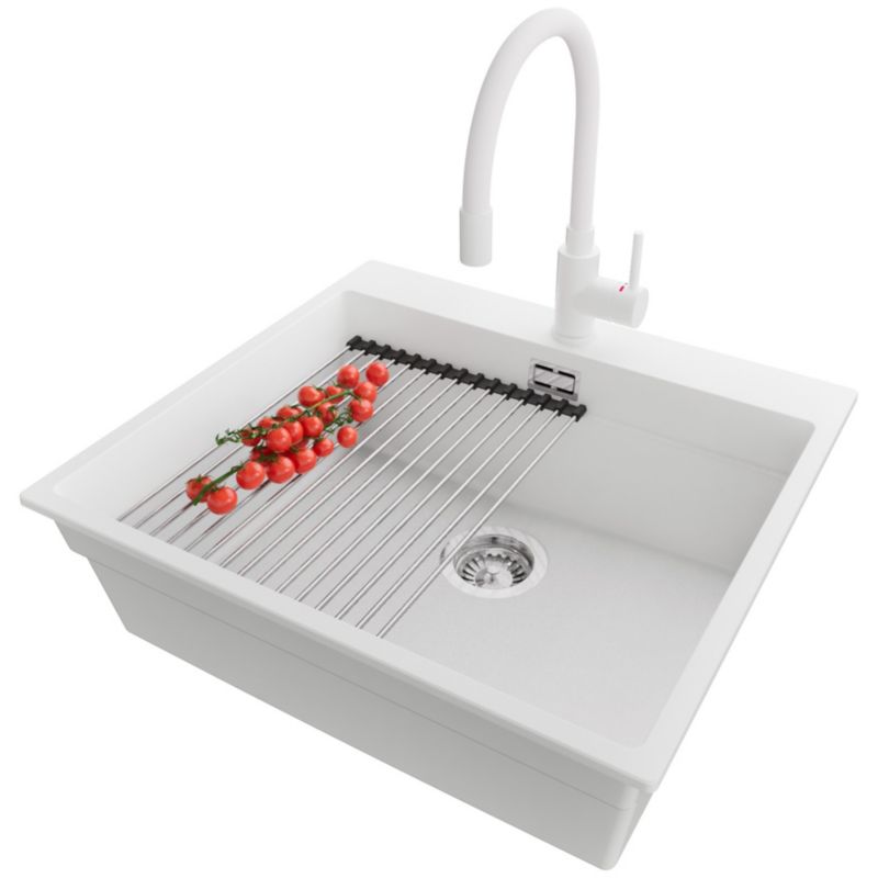 Zlewozmywak Granitowy Oslo Max PRIMAGRAN Nablatowy 58x53cm do szafki od 60cm, Biały + Bateria + Syfon + Akcesorium, S170, 1 szt.