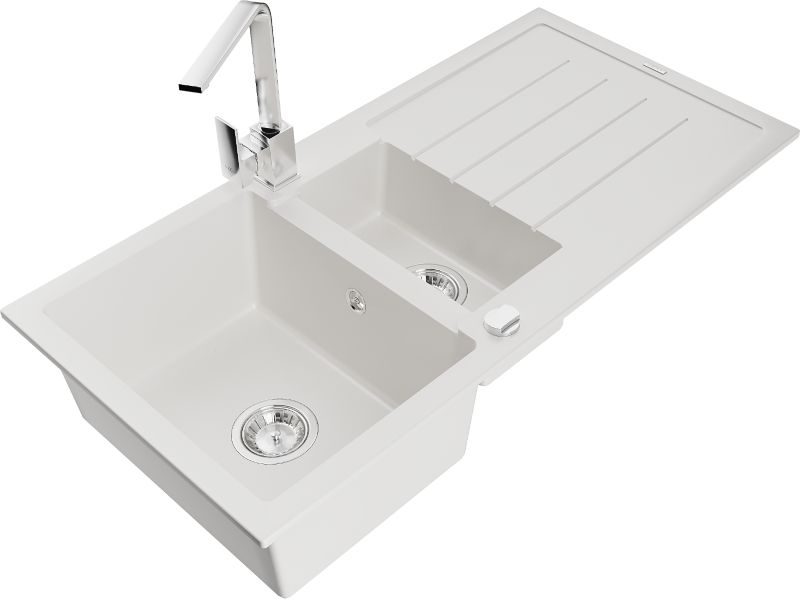 Zlewozmywak granitowy Mexen Andres 1,5-komorowy z ociekaczem i baterią kuchenną Rita biały 6515-20-670300-00