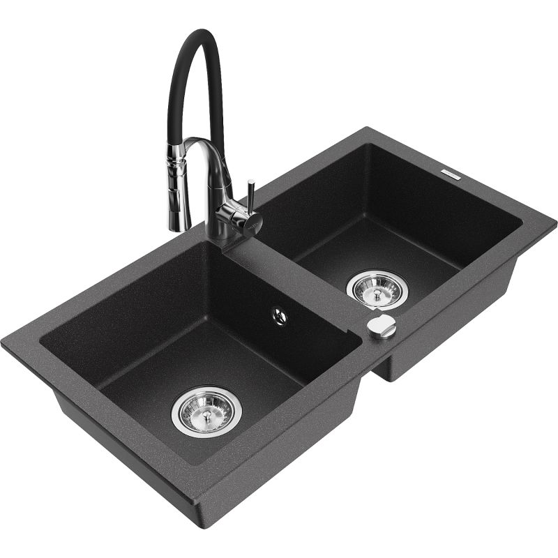 Zlewozmywak granitowy 2-komorowy Mexen Mario z baterią kuchenną Aster czarny nakrapiany 6504-76-73450-07