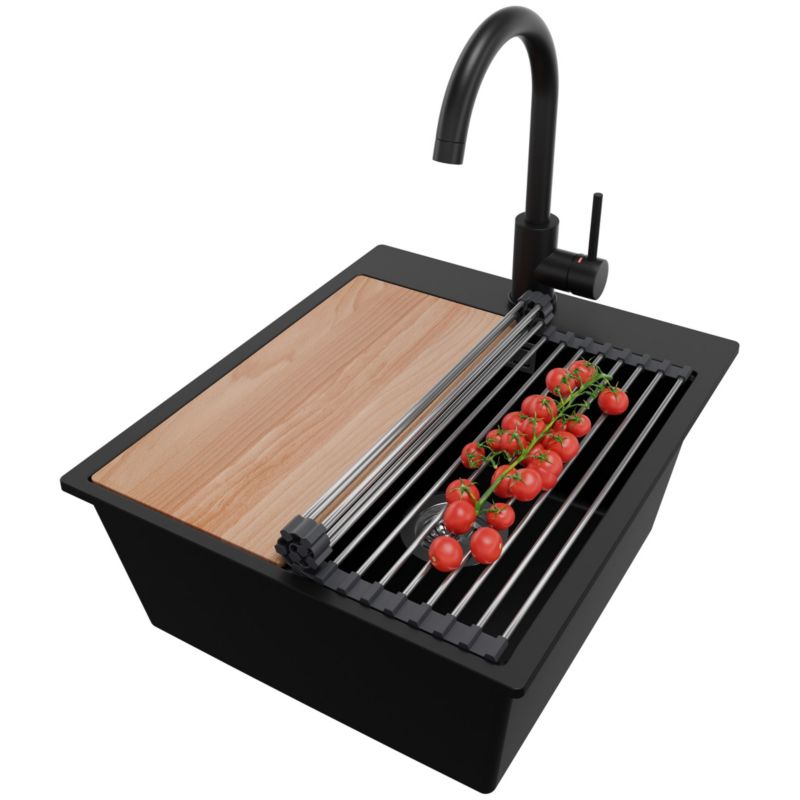 Zlewozmywak Granitowy Oslo PRIMAGRAN Nablatowy 43x50cm do szafki od 45cm z Syfonem i Baterią i Dodatkiem Czarny 1 szt.