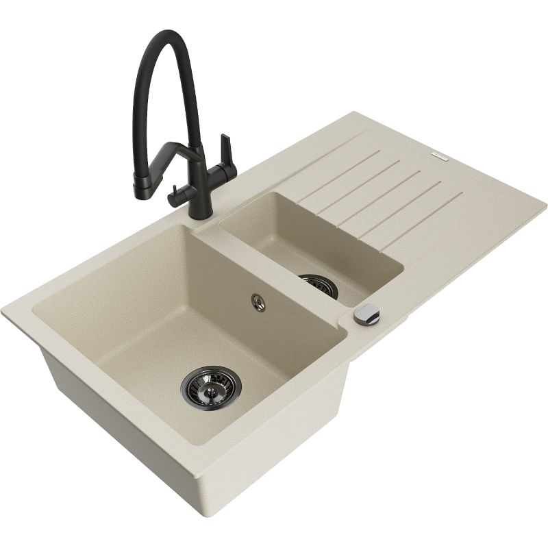 Zlewozmywak granitowy 1.5-komorowy Mexen Matias z ociekaczem i baterią kuchenną Duo biały - 6502-20-671701-70-B 1 szt.