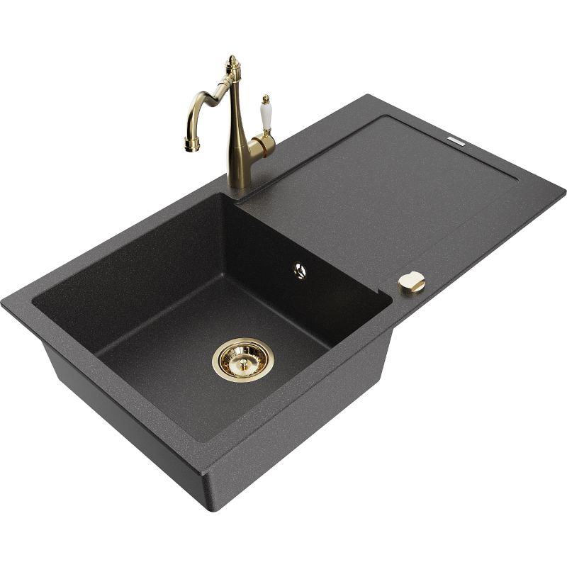 Zlewozmywak granitowy 1-komorowy Mexen Leo z ociekaczem i baterią kuchenną Carla czarny nakrapiany 6501-76-670700-50