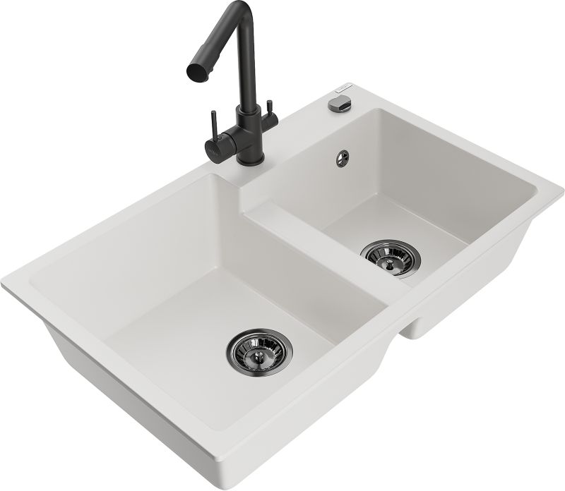 Zlewozmywak granitowy Mexen Tomas 2-komorowy z baterią kuchenną Duero biały - 6516-20-671600-20 1 szt.