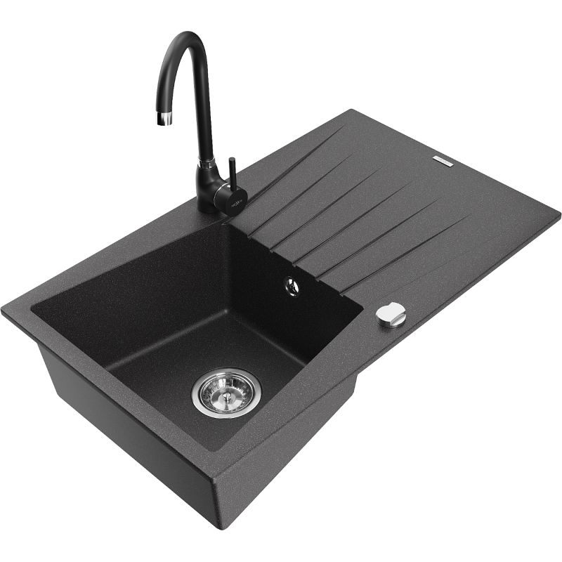 Zlewozmywak granitowy 1-komorowy Mexen Cesar z ociekaczem i baterią kuchenną Telma czarny nakrapiany 6514-76-670200-70