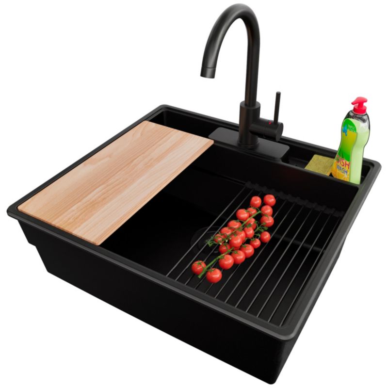 Zlewozmywak Granitowy Nowy Jork PRIMAGRAN Nablatowy 58x53cm, Cały Czarny + Bateria + Syfon + Akcesorium, S054, 1 szt.