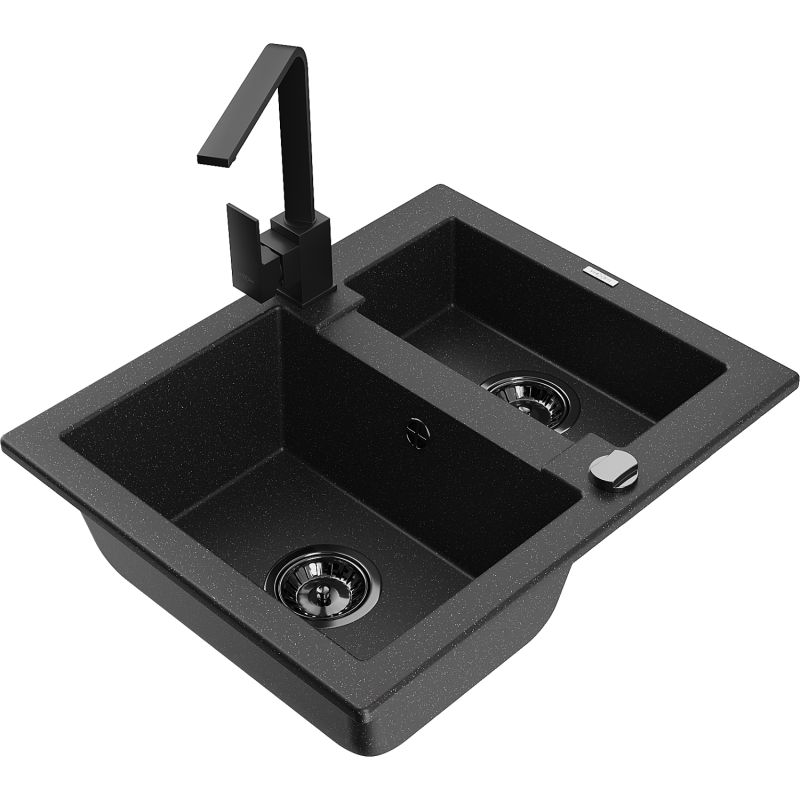 Zlewozmywak granitowy 1.5-komorowy Mexen Carlos z baterią kuchenną Rita czarny/srebrny metalik - 6518-73-670300-70 1 szt.