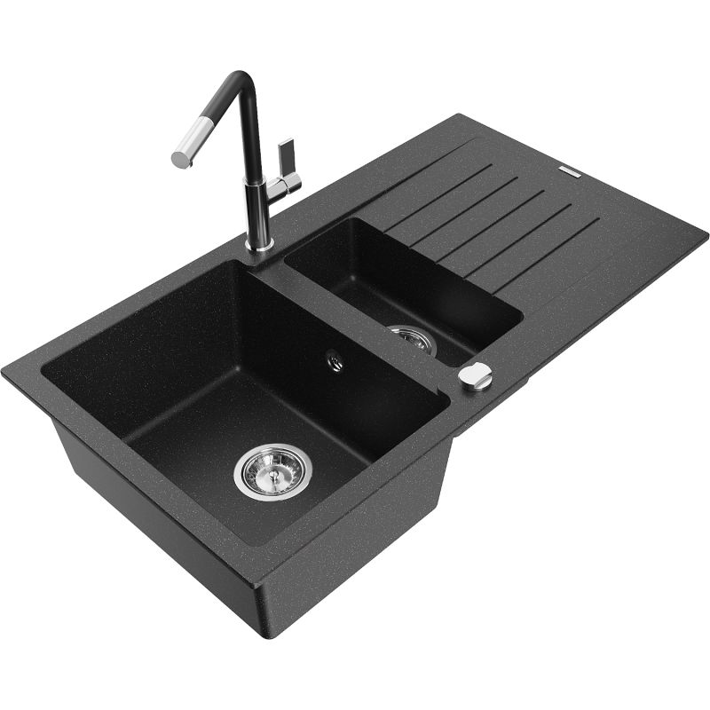 Zlewozmywak granitowy 1.5-komorowy Mexen Matias z ociekaczem i baterią kuchenną Flora czarny/srebrny 6502-73-670401-07