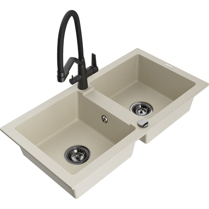 Zlewozmywak granitowy 2-komorowy Mexen Mario z baterią kuchenną Duo biały - 6504-20-671701-70-B 1 szt.