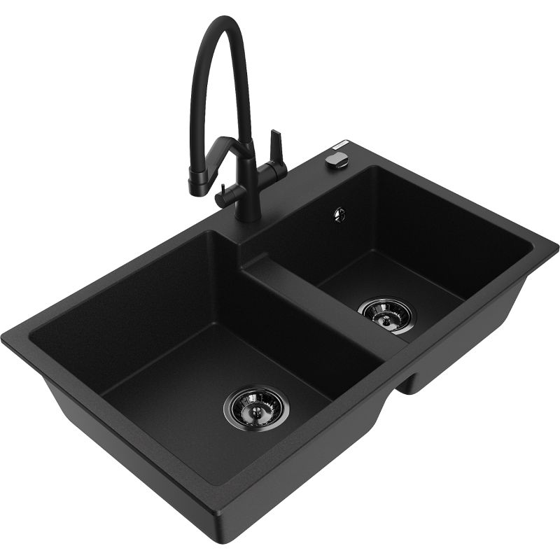 Zlewozmywak granitowy 2-komorowy Mexen Tomas z baterią kuchenną Duo czarny nakrapiany - 6516-76-671701-70-B 1 szt.