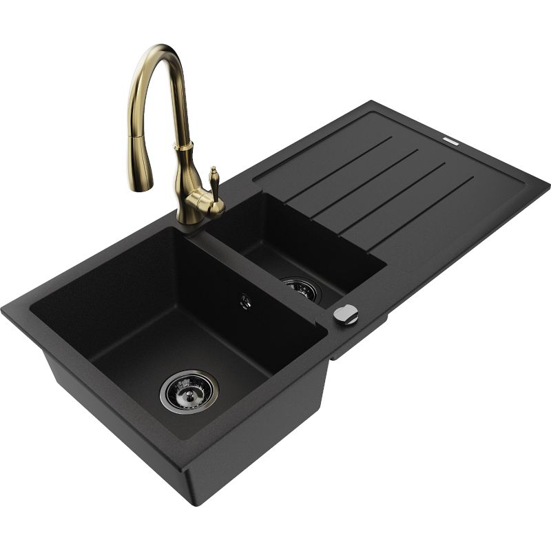 Zlewozmywak granitowy 1.5-komorowy Mexen Andres z ociekaczem i baterią Savita czarny nakrapiany - 6515-76-672601-00 1 szt.