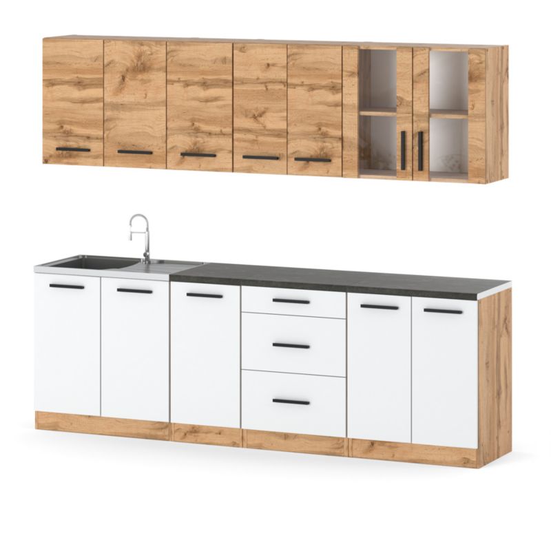 Zestaw Kuchenny Hurtownia-Mebli Z Blatem Kuchnia Remino 260cm Dąb Wotan Dąb Wotan/Biały Mat 260x47x145 cm 1szt.
