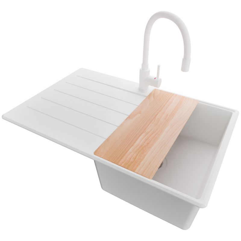 Zlewozmywak Granitowy Kopenhaga PRIMAGRAN Nablatowy 78x50cm do szafki od 45cm, Cały Biały + Bateria + Syfon + Deska, S368, 1 szt.