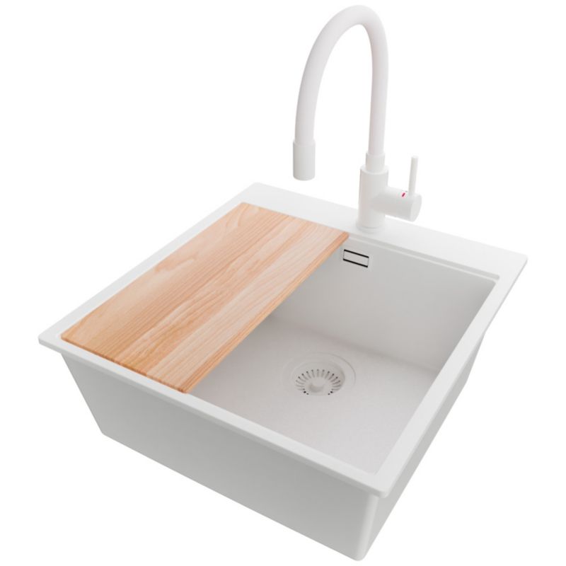 Zlewozmywak Granitowy Oslo PRIMAGRAN Nablatowy 48x50cm do szafki od 50cm, Cały Biały + Bateria + Syfon + Deska, S322, 1 szt.