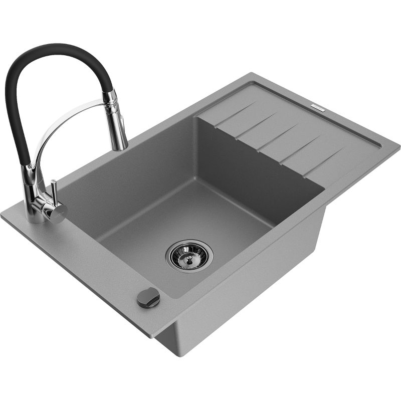 Zlewozmywak granitowy 1-komorowy Mexen Elias z ociekaczem i baterią kuchenną Aster szary 6511-71-73450-07-B