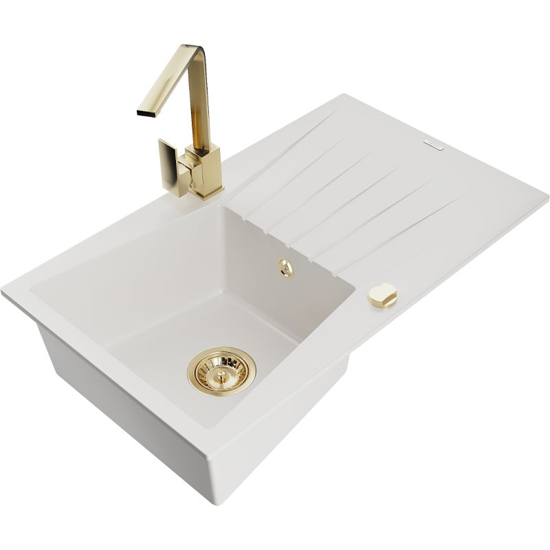 Zlewozmywak granitowy 1-komorowy Mexen Cesar z ociekaczem i baterią kuchenną Rita czarny nakrapiany - 6514-76-670300-70-B 1 szt.