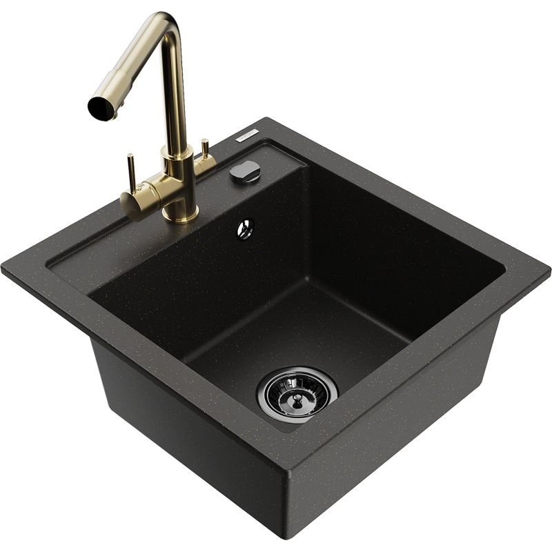 Zlewozmywak granitowy 1-komorowy Mexen Vito z baterią kuchenną Duero czarny/złoty metalik 6503-75-671600-50-B