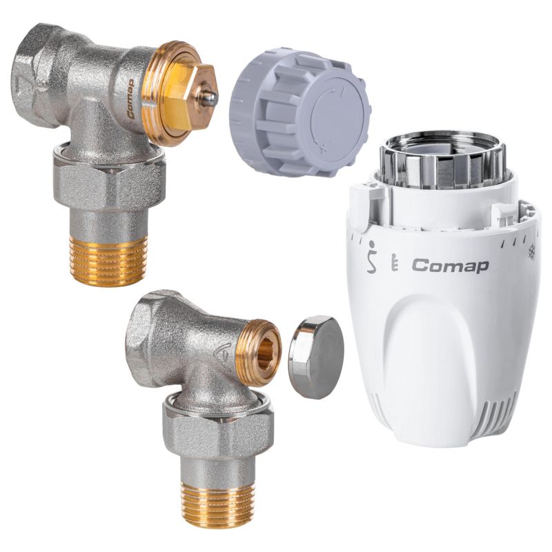 Zestaw Comap termostatyczny kątowy zawór 12.7 mm + głowica W5 + zawór powrotny 12.7 mm 1 szt.