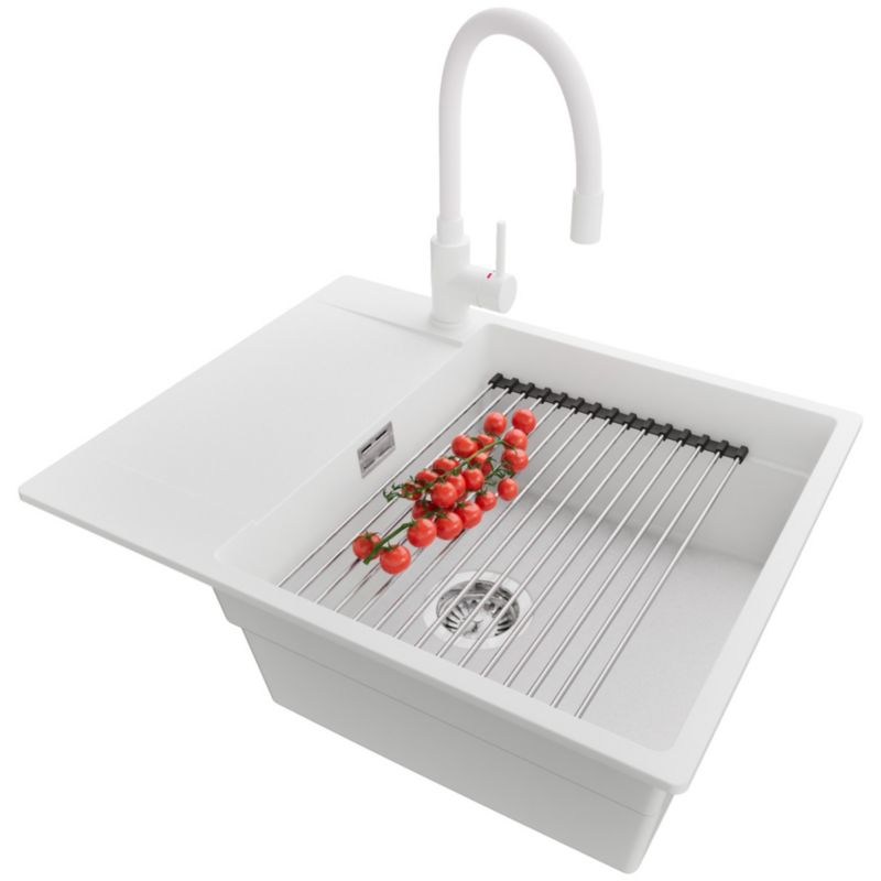 Zlewozmywak Granitowy San Francisco PRIMAGRAN Nablatowy 62x50cm, Biały + Bateria + Syfon + Akcesorium, S128, 1 szt.