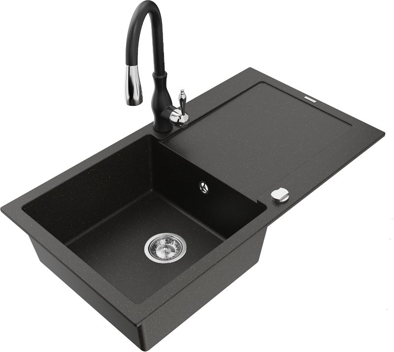 Zlewozmywak granitowy Mexen Leo 1-komorowy z ociekaczem i baterią kuchenną Savita czarny/złoty 6501-75-672601-70