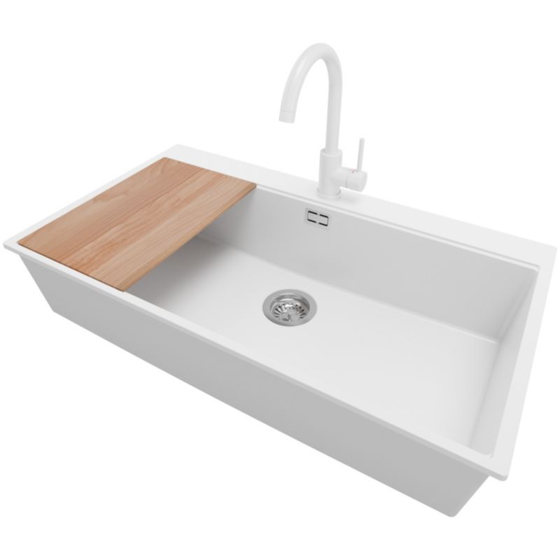 Zlewozmywak Granitowy Oslo PRIMAGRAN Nablatowy 88x50cm do szafki od 90cm, Biały + Bateria 32x20cm + Syfon + Deska, S717, 1 szt.