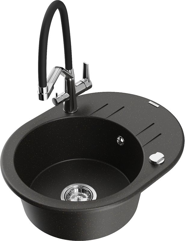 Zlewozmywak granitowy Mexen Kevin 1-komorowy z baterią kuchenną Duo czarny/złoty 6517-75-671701-07