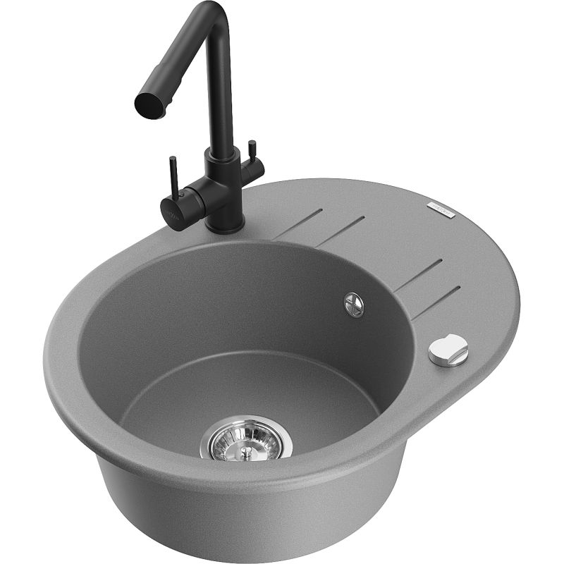 Zlewozmywak granitowy 1-komorowy Mexen Kevin z ociekaczem i baterią kuchenną Duero szary 6517-71-671600-70
