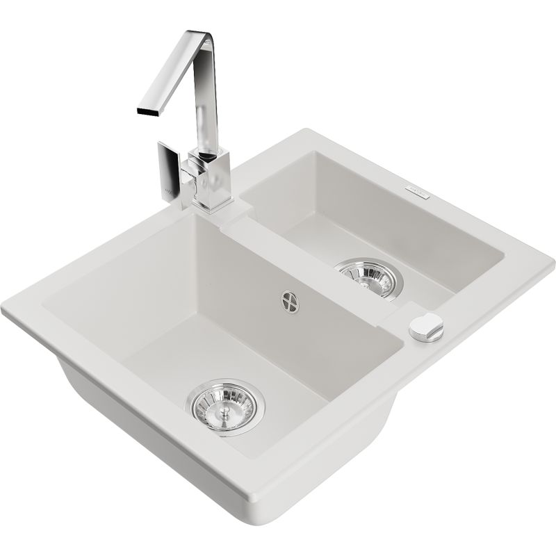 Zlewozmywak granitowy 1.5-komorowy Mexen Carlos z baterią kuchenną Rita biały 6518-20-670300-00