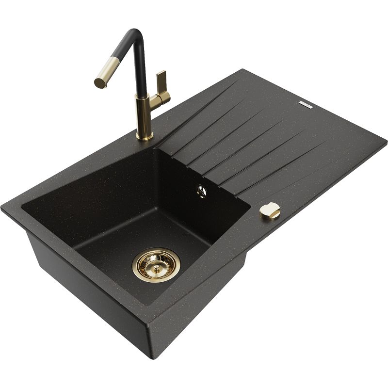 Zlewozmywak granitowy 1-komorowy Mexen Cesar z ociekaczem i baterią kuchenną Flora czarny/złoty metalik 6514-75-670401-57-G