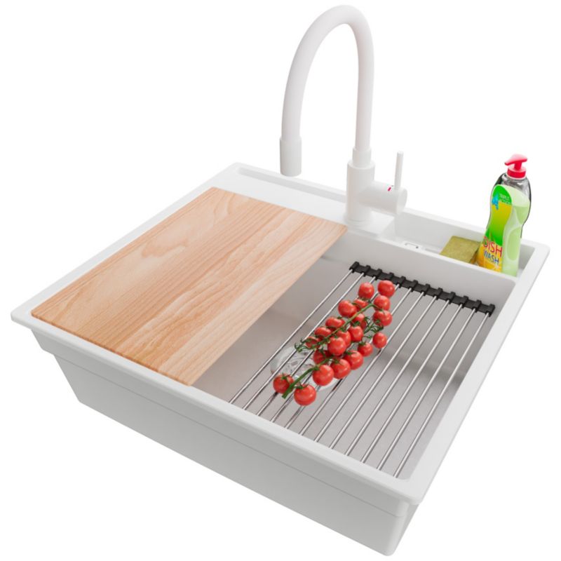 Zlewozmywak Granitowy Oslo Pocket PRIMAGRAN Nablatowy 58x53cm, Biały + Bateria + Syfon + Akcesorium, S290, 1 szt.