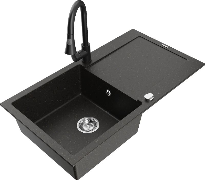 Zlewozmywak granitowy Mexen Leo 1-komorowy z ociekaczem i baterią kuchenną Elia czarny/złoty 6501-75-670101-70