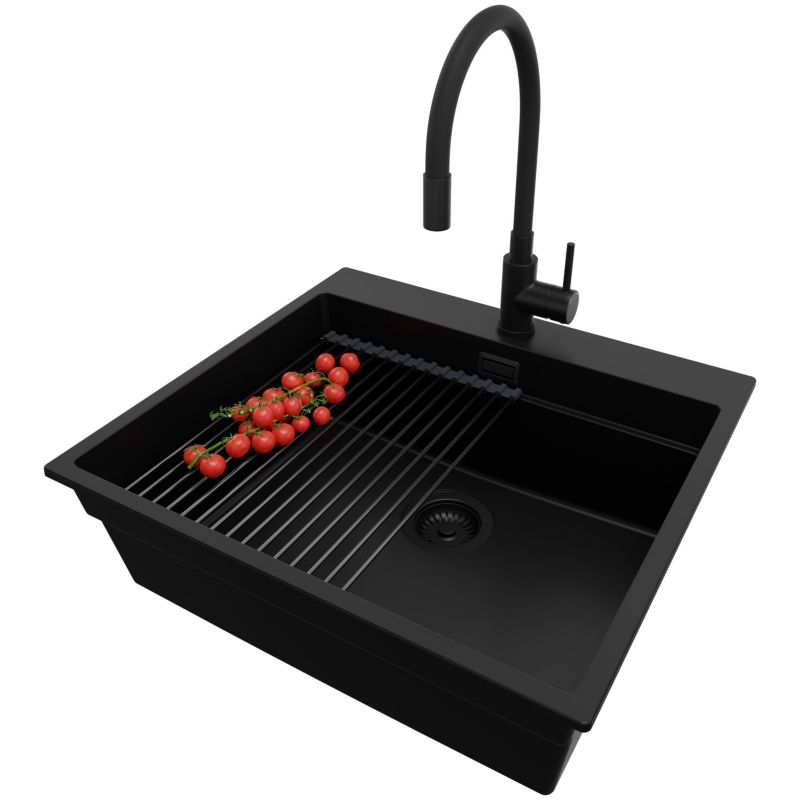 Zlewozmywak Granitowy Oslo Max PRIMAGRAN Nablatowy 58x53cm, Cały Czarny + Bateria + Syfon + Akcesorium, S176, 1 szt.