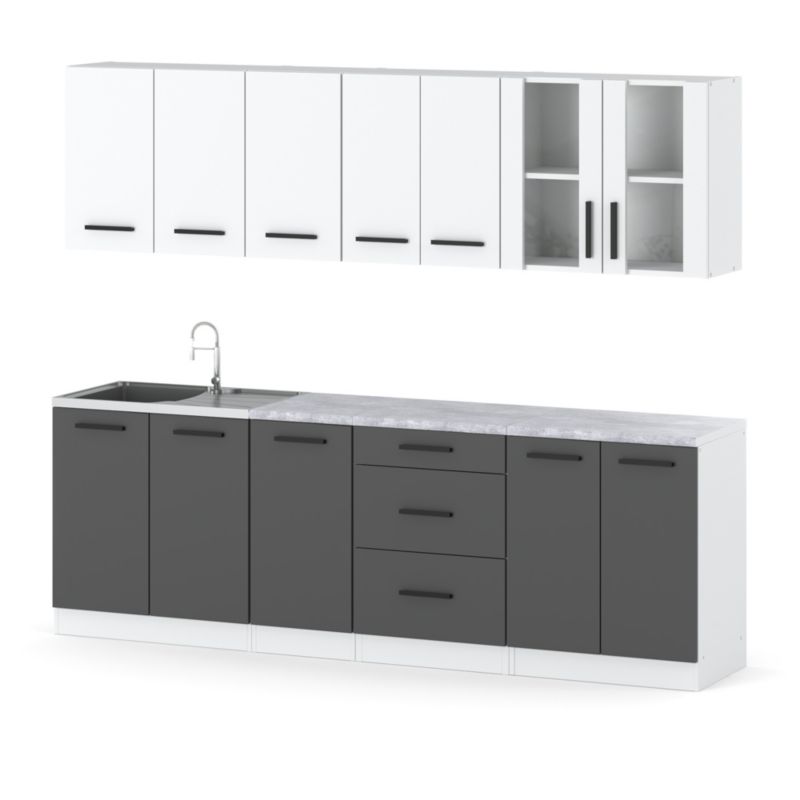 Zestaw Kuchenny Hurtownia-Mebli Z Blatem Kuchnia Remino 260cm Biały Mat Biały Mat/Szary Mat 260x47x145 cm 1szt.