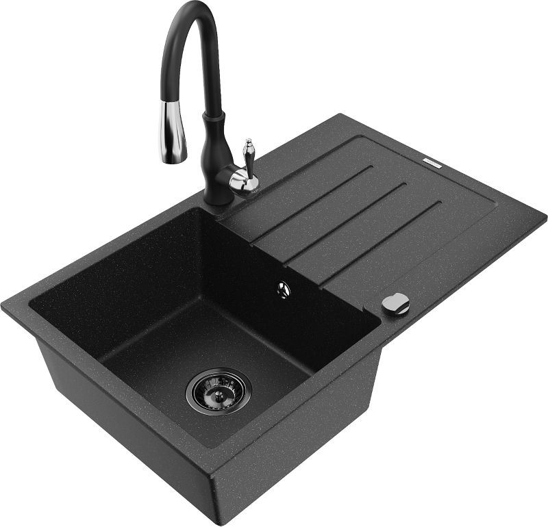 Zlewozmywak granitowy Mexen Bruno 1-komorowy z ociekaczem i baterią kuchenną Savita czarny/srebrny 6513-73-672601-70-B