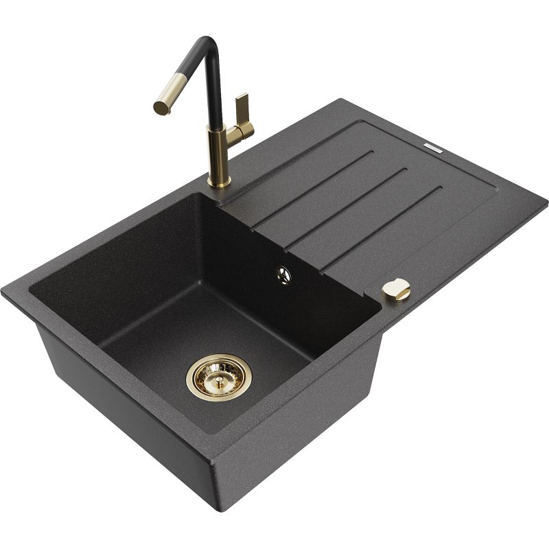 Zlewozmywak granitowy 1-komorowy Mexen Bruno z ociekaczem i baterią kuchenną Flora czarny nakrapiany 6513-76-670401-57-G