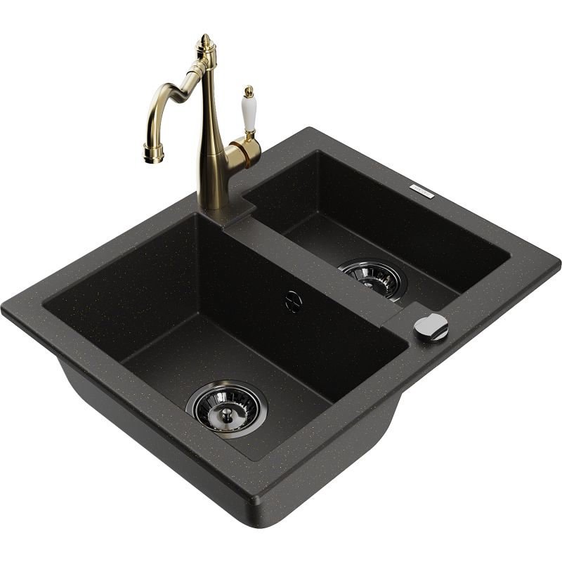 Zlewozmywak granitowy 1.5-komorowy Mexen Carlos z baterią kuchenną Carla czarny/złoty metalik 6518-75-670700-50-B