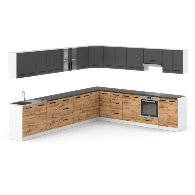 Zestaw Kuchenny Hurtownia-Mebli Z Blatem Kuchnia narożna Rossa 680cm Biały Mat Szary Mat/Dąb Wotan 680x47x145 cm 1szt.