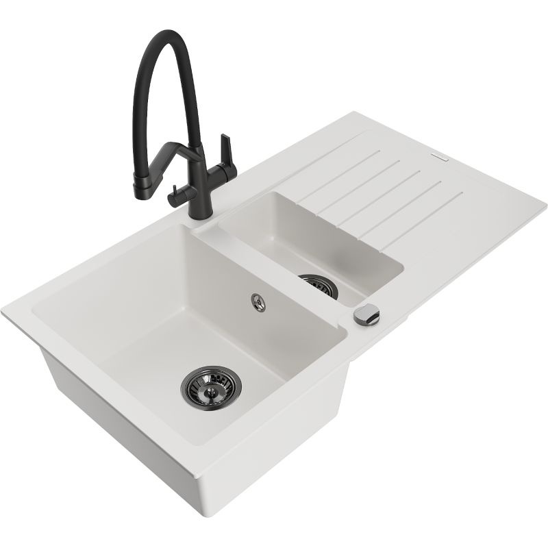 Zlewozmywak granitowy 1.5-komorowy Mexen Matias z ociekaczem i baterią kuchenną Duo czarny - 6502-77-671701-07 1 szt.