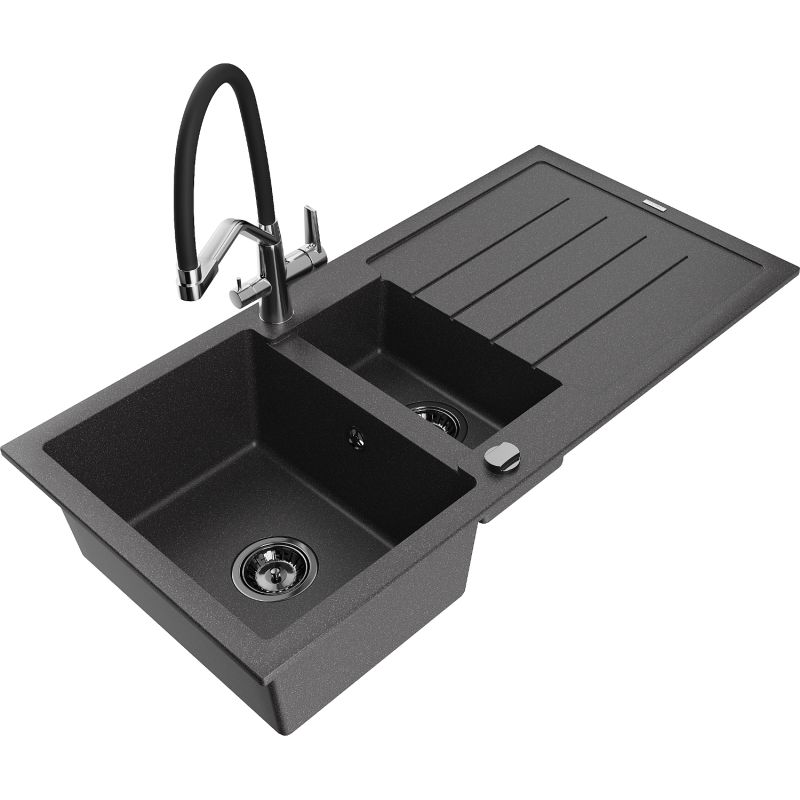 Zlewozmywak granitowy 1.5-komorowy Mexen Andres z ociekaczem i baterią kuchenną Duo czarny nakrapiany 6515-76-671701-07-B