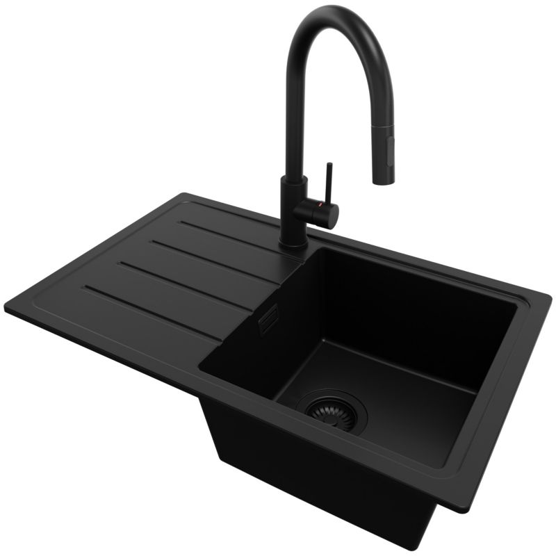 Zlewozmywak Granitowy Kopenhaga Easy PRIMAGRAN Nablatowy 70x44cm do szafki od 45cm, Cały Czarny + Bateria + Syfon, S054, 1 szt.