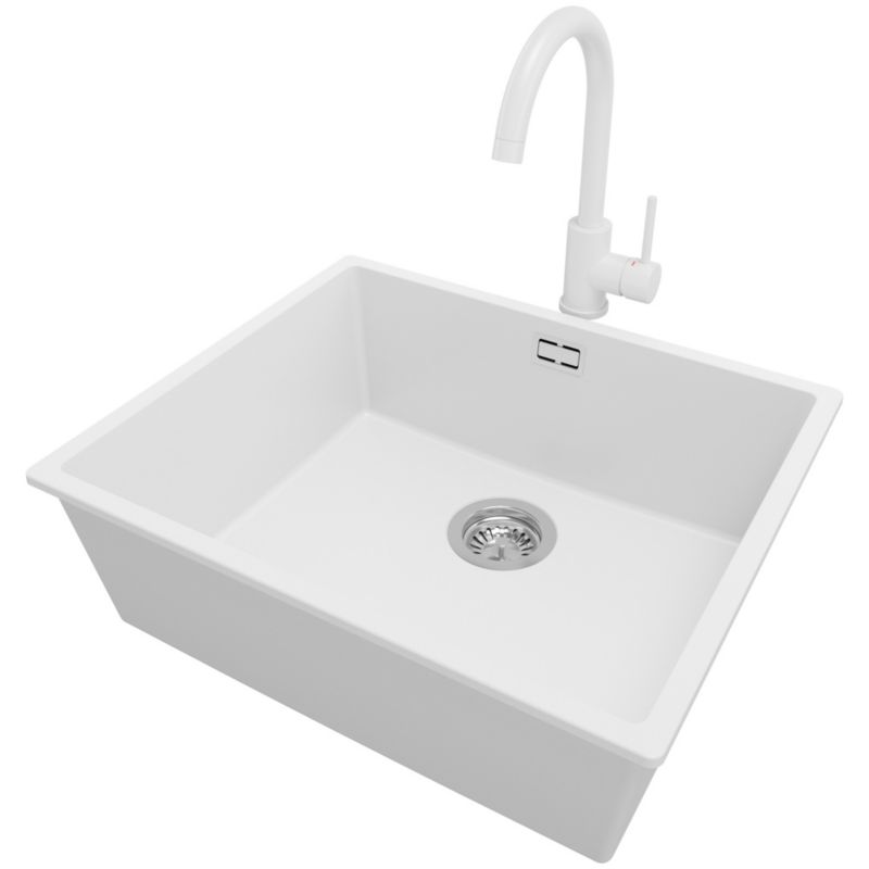 Zlewozmywak podblatowy Londyn PRIMAGRAN 56x47cm do szafki od 60cm, Biały + Bateria 32x20cm + Syfon, S309, 1 szt.