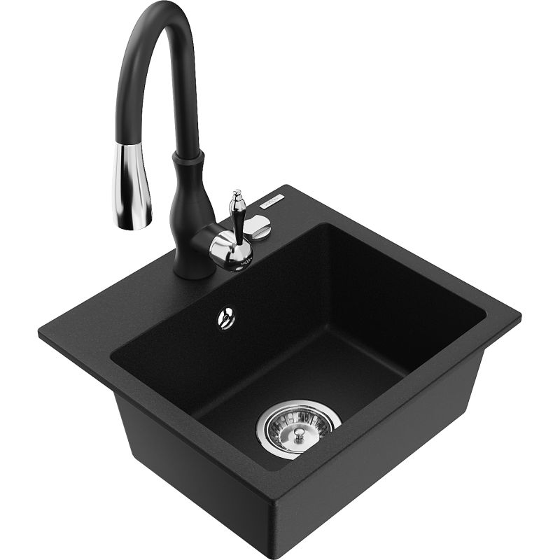 Zlewozmywak granitowy 1-komorowy Mexen Milo z baterią kuchenną Savita czarny - 6505-77-672601-70-B 1 szt.