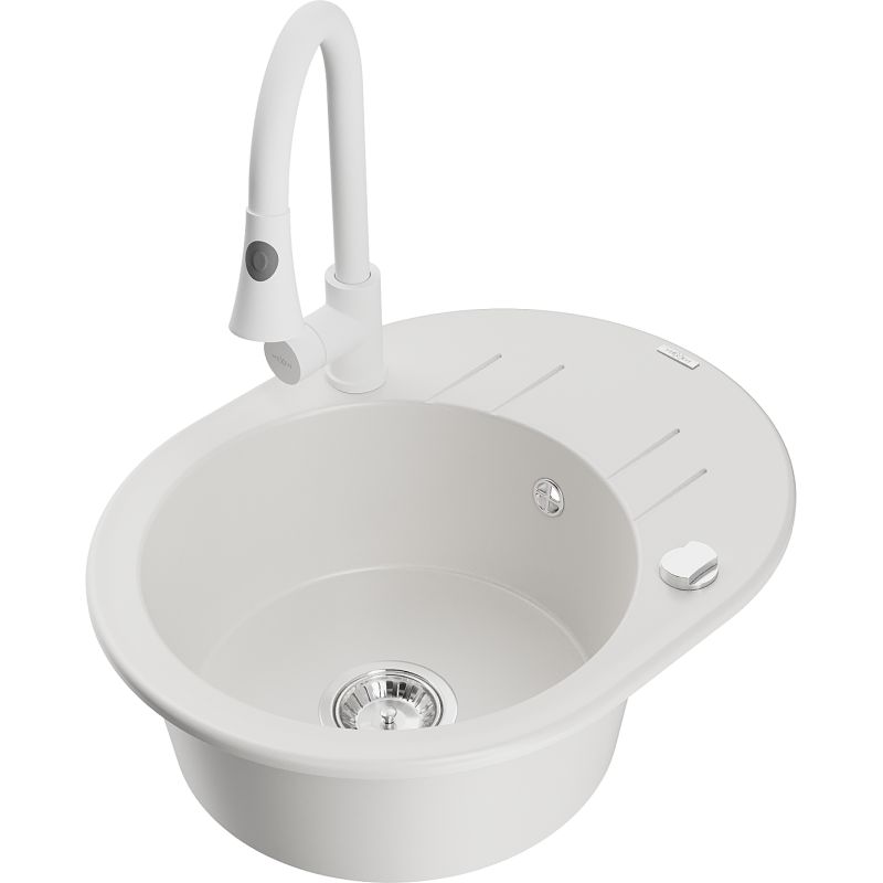 Zlewozmywak granitowy 1-komorowy Mexen Kevin z ociekaczem i baterią kuchenną Elia biały 6517-20-670101-20