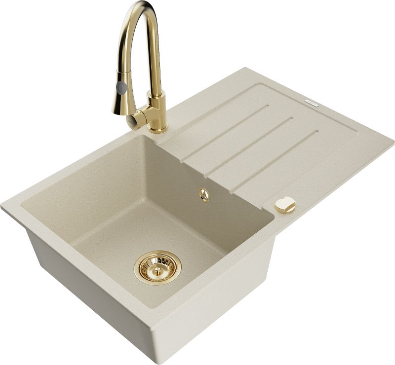Zlewozmywak granitowy Mexen Bruno 1-komorowy z ociekaczem i baterią kuchenną Elia beżowy - 6513-69-670101-70 1 szt.