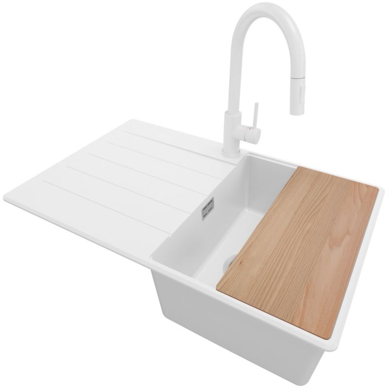 Zlewozmywak Granitowy Kopenhaga PRIMAGRAN Nablatowy 78x50cm do szafki od 45cm, Biały + Bateria + Syfon + Deska, S359, 1 szt.