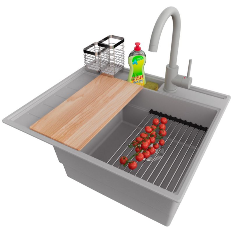 Zlewozmywak Granitowy Sydney Pocket PRIMAGRAN Nablatowy 62x53cm, Szary + Bateria + Syfon + Akcesorium, S034, 1 szt.