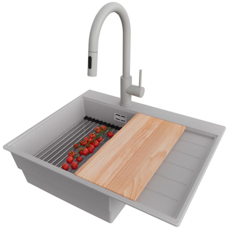 Zlewozmywak Granitowy Sydney PRIMAGRAN Nablatowy 62x50cm do szafki od 45cm, Szary + Bateria + Syfon + Akcesoria, S181, 1 szt.