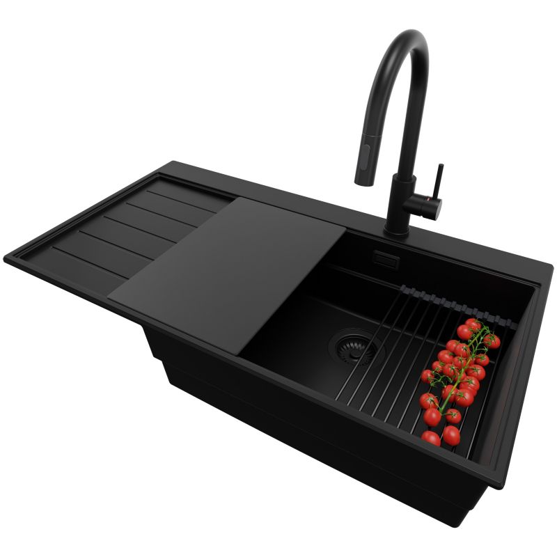 Zlewozmywak Granitowy Sydney PRIMAGRAN Nablatowy 90x50cm, Cały Czarny + Bateria + Syfon + Akcesorium, S431, 1 szt.